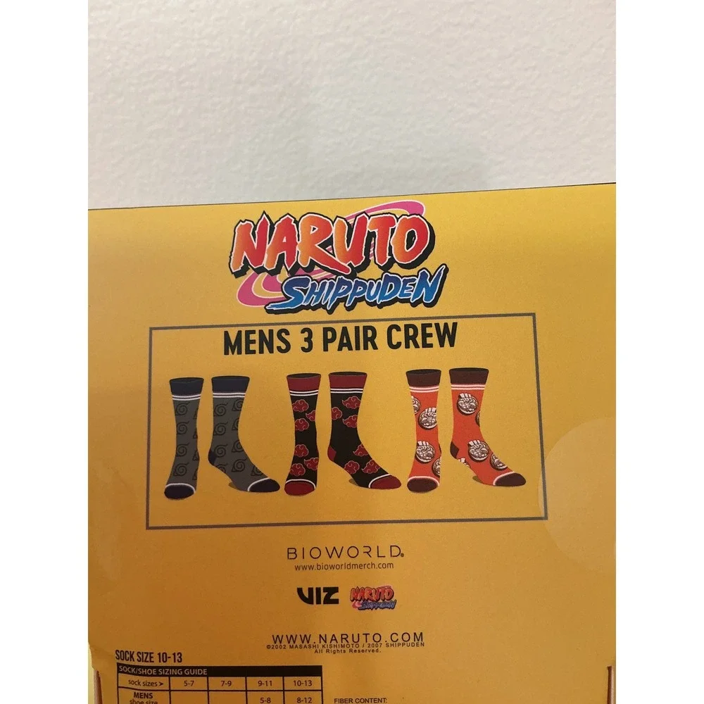 Naruto Shippuden Mens 3 Pair Crew‎ Socks Set Bioworld Anime Manga